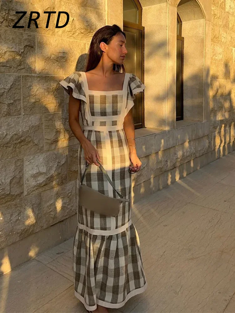Vintage Square Collar Fly Sleeve Patchwork Dress Women High Waist Plaid Female Maxi Dresses 2024 Spring Summer Chic Beach Robes