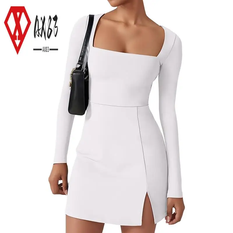 

AX83-Womens Square Neck Bodice Dress Long Sleeve Side Slit Flare Mini Dresses