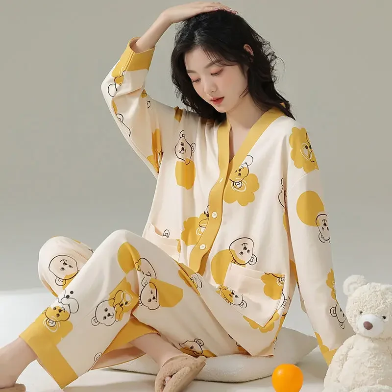 

Cotton Home Clothes Sleepwear Kawaii Women Clothing Big Size Pajama Sets Long Sleeve V-neck Buttons Two Sets Nightwear Pants