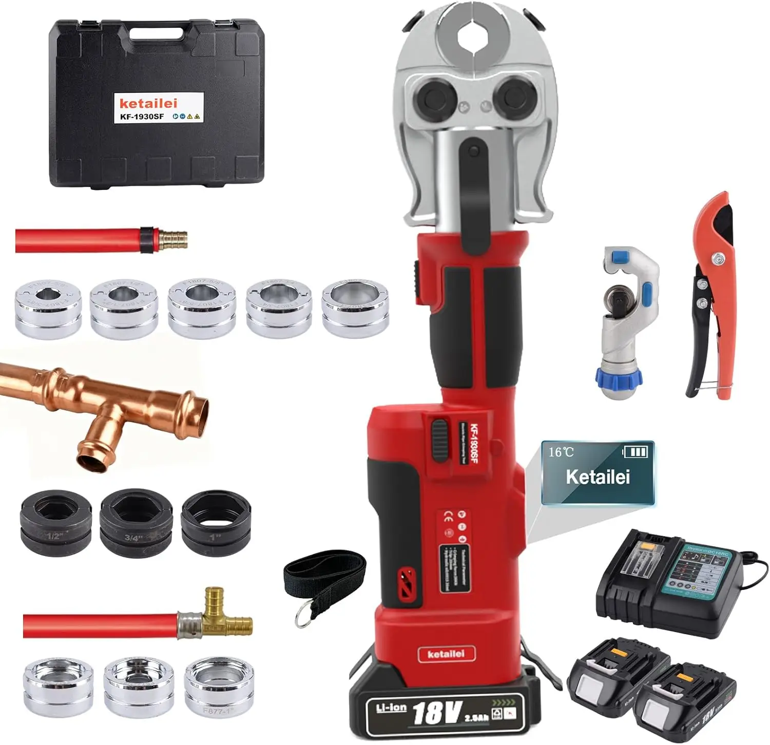Cordless Press Tool, 18V MAX 22KN, Plumbing Kit for Copper & PEX Pipes, Fast 3-Second Cycle, Includes 1/2
