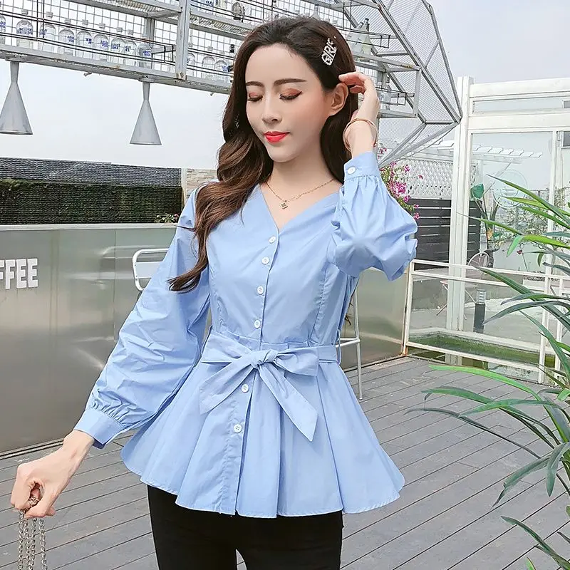 Spring Autumn New Button Lacing Blouse V Neck Long Sleeve Solid Color All-match Short Shirt Tops Elegant Fashion Women Clothing