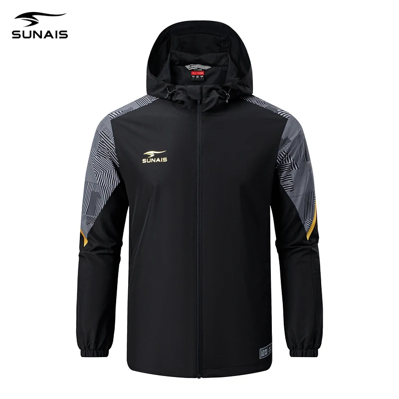 SUNAIS Men's Football Jacket, Windproof Waterproof Hooded Woven Rain Coat, Outdoor Training Sports Outerwear, Item No.730346
