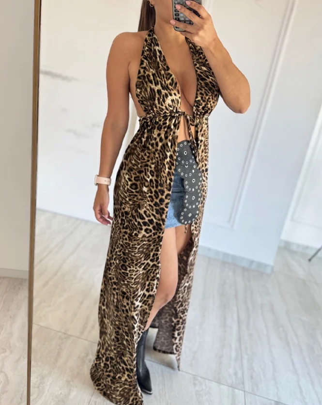 

Y2K Long Cardigan Top 2025 Summer Sexy Elegant Leopard Print Plunge V Nerck Slit Cover Up Casual Lace Up Top Womens Clothing