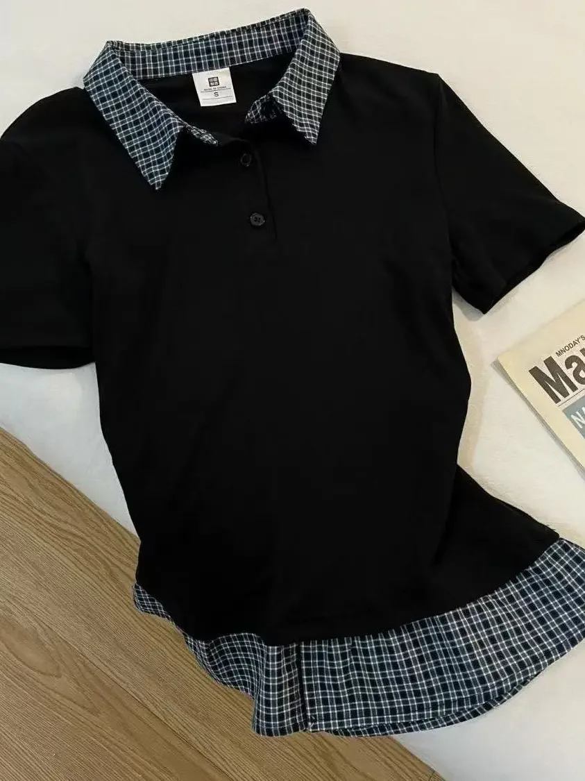 Fake Two Short Sleeved Checkered T-shirts Women's Summer New Plaid Splicing Slimming Top Korean Fashionable Lapel Tee