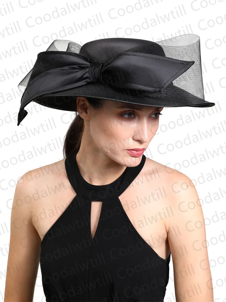 Women Chruch Satin Fedora Hat Women Elegant Wedding Fascinator Bow Party Chapeau Femme Vintage Chapeu marca de luxo