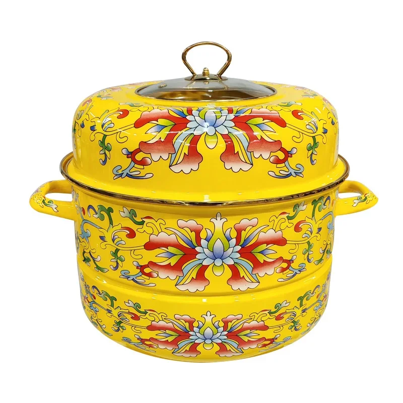 Large capacity double-layer enamel steamer, metal porcelain soup stew pot, induction cooker, gas visual double-layer visual pot