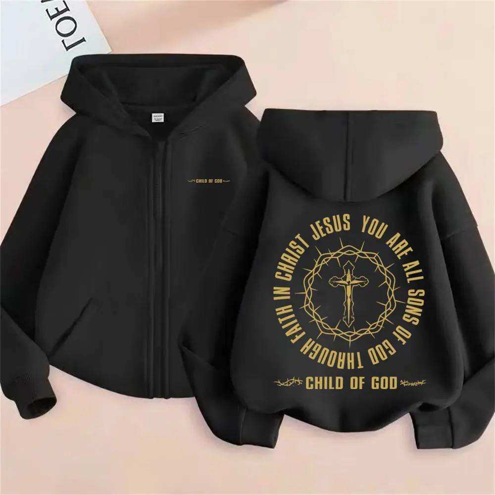 

Christian Cross Print Zipper Hoodie Jesus Child of God Bible Verse Zip Up Jacket Men Hip Hop Gothic Oversized Zip Up Sweatshirt