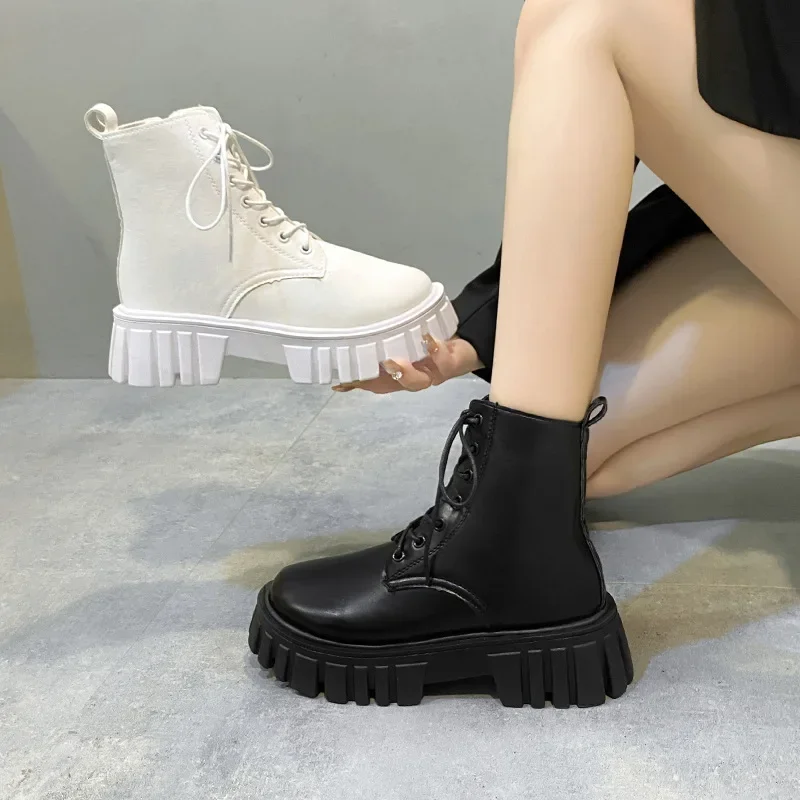 Women Mujer 2024 White New Ankle Boots Autumn Winter Platform Zipper Women Punk Boots Thick Sole Lace Up Combat Booties Female