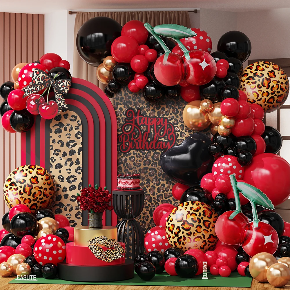 

95Pcs Red Black Balloons Arch Kit Leopard Cheetah Print Berry Foil Ball Safari Jungle Cherry Bachelorette Birthday Party Decor