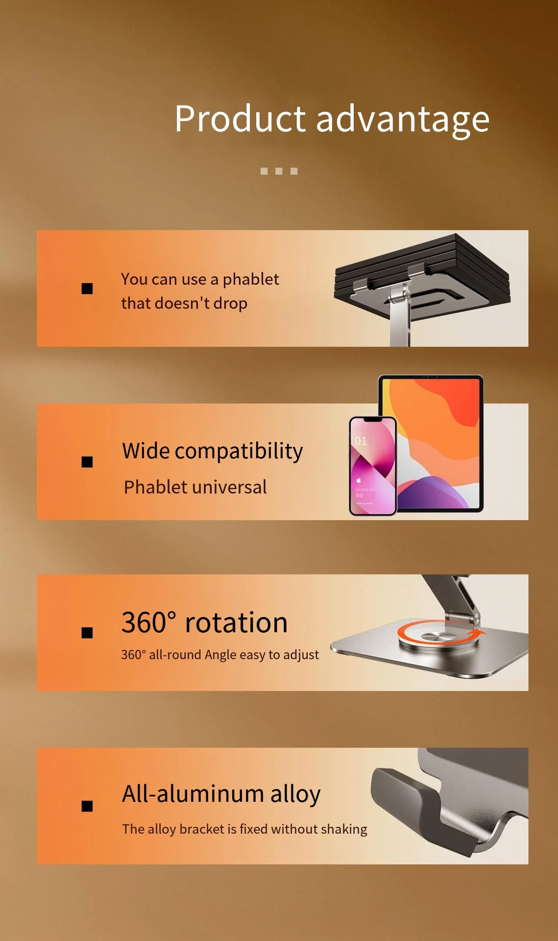 360 ° Rotations-Tablet-Ständer für iPad, verstellbarer faltbarer Tablet-Halter, Aluminium-Telefonständer, kompatibel mit iPad Pro/Air/Mini – Detail 2