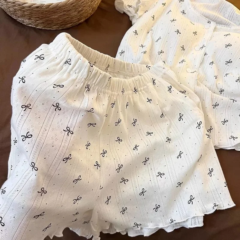 Sweet Girl Short-Sleeve and Shorts Pajamas with Chest Pads and Bow, New Summer Homewear Set, Thin and Breathable Women's Clothin