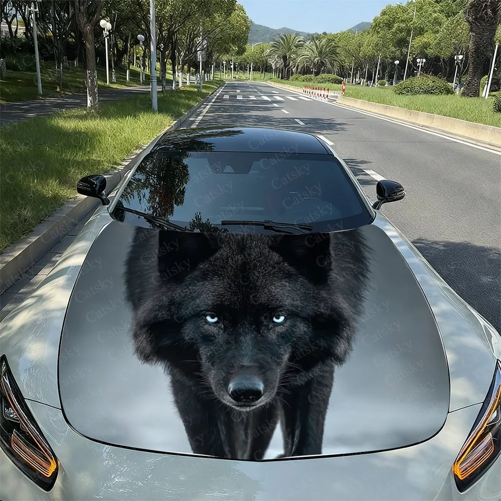 Black Wolf Unique Car Hood Sticker PVC Self Waterproof Stick,Striking Auto Exterior Accessories Decor Protect Gift for Car Lover