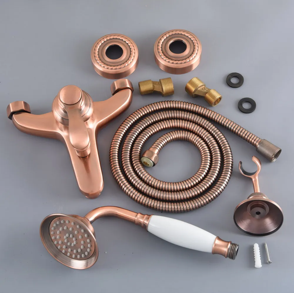 Antique Red Copper Brass Wall Mounted Bathroom Hand Held Shower Head Faucet Set Tub Mixer Tap Single Handle Lever mtf262