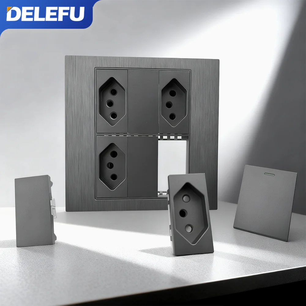 DELEFU-Panel de alambre de aluminio 4x4, toma estándar de Brasil, doble USB tipo C, toma de corriente de pared, interruptor de luz, oficina, gris, 10A, 20A