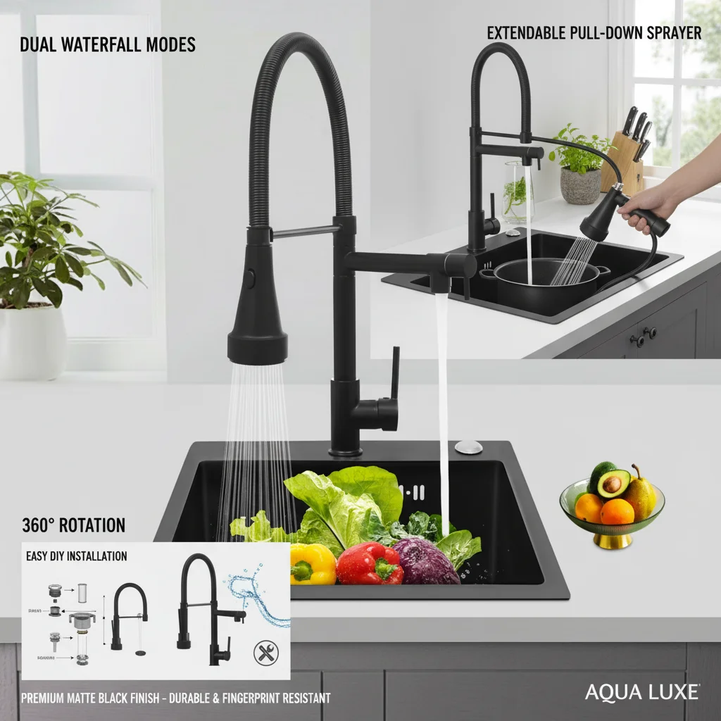 

Black Dual Outlet Kitchen Sink Faucet with Pull Down Sprayer Single Handle Stainless Steel Faucet for Home Kitchen Sinks