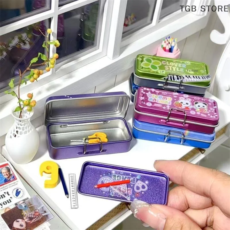 Double Layer Iron Pencil Box Pen Ruler Measuring Tape Scissors Model Dollhouse Miniature Micro Landscape Decor Pretend Play Toy