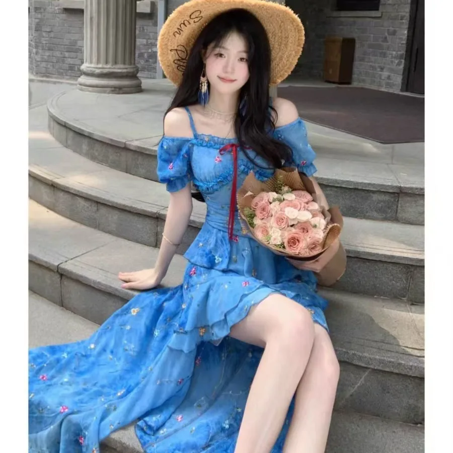 

【New style】French temperament seaside vacation dress, children's summer new blue floral irregular design long dress