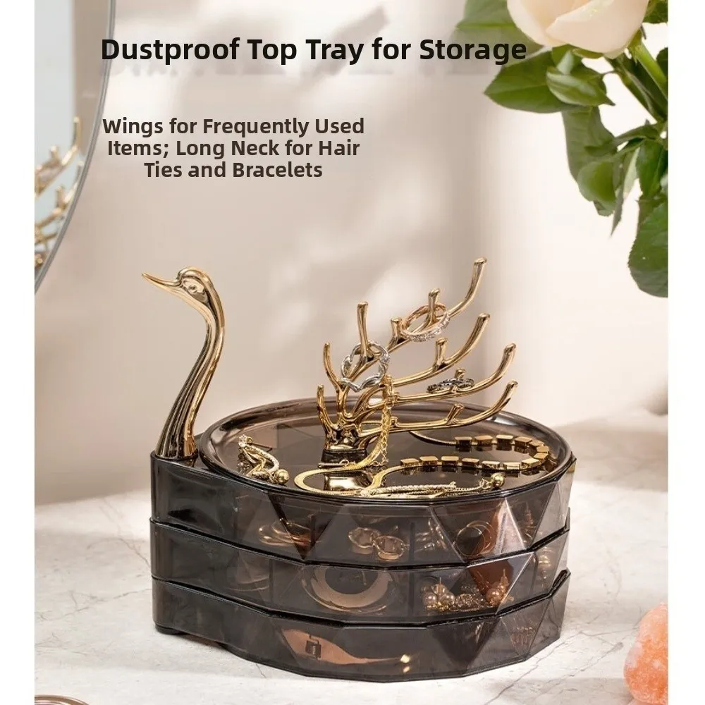 Large Capacity Swan Dream Jewelry Organizer Multi-Layer Transparent Necklace Earring Storage Box Elegant Dustproof