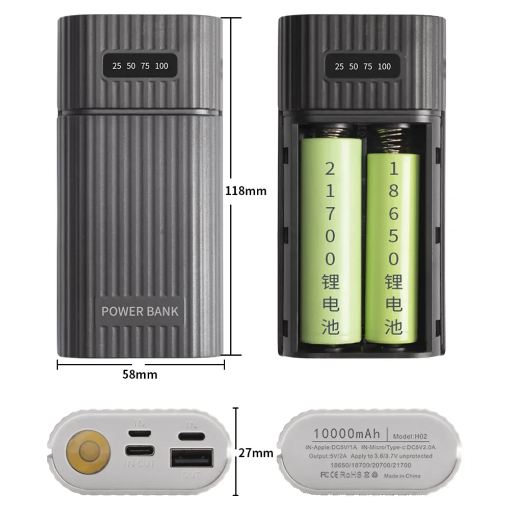 2/3 Port wejściowy 18650/18700/20700/21700 przejściówka do ładowarki baterii plastikowa powłoka mobilny powerbank etui wyświetlacz LCD do telefonu