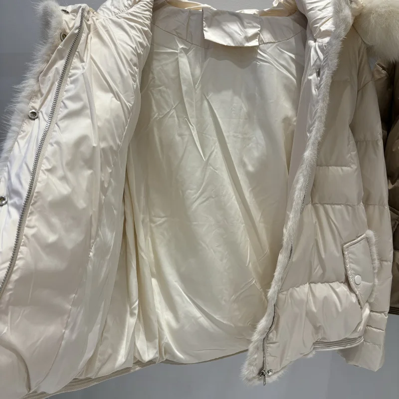 Piumino corto invernale da donna europeo nuovo piumino corto in pelliccia di visone patchwork con cappuccio allentato