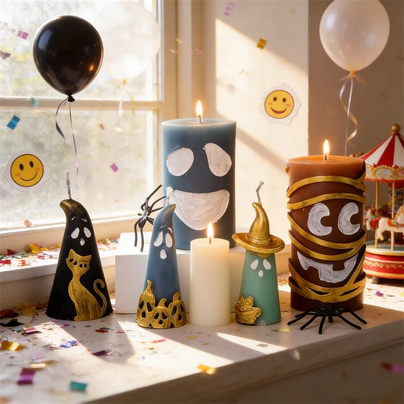 

Witch Hat Ghost Face Pillar Candle Silicone Mold Lively Facial Expression Joy Boo Sad Sigh Spiritual Candle Halloween Favors