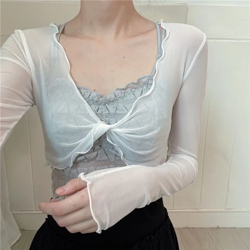 Women's Mesh Ballet Cover Up Cross Front Long Sleeve Stretch Top Lace Trim for Yoga Modern Dance Wear Sun Protection Coat 2026