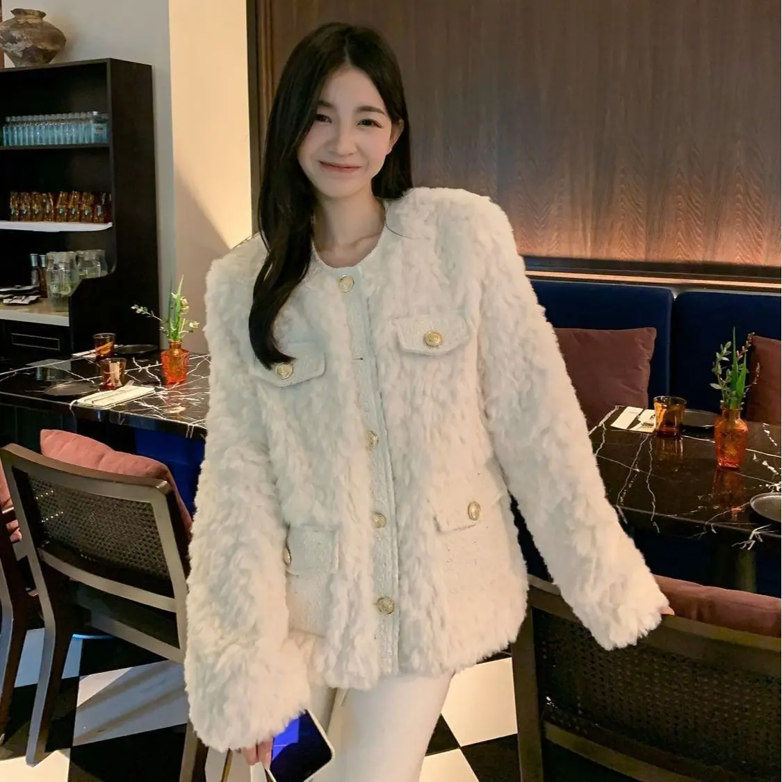 Lamb Wool Coat for Women White Thickened Overcoat Loose Top Mid Length Jacket Plush Joker Autumn and Winter New 2024 For Lady