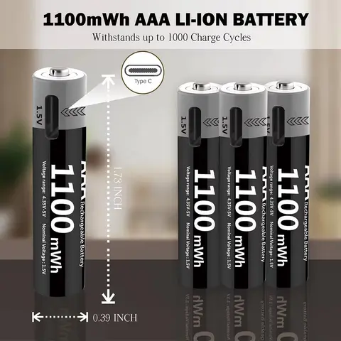 MATOV USB 리튬이온 AAA 충전식 배터리 AAA 1.5V 1100mWh 리튬 배터리 4-in-1 USB 케이블 포함 장난감 카메라 손전등