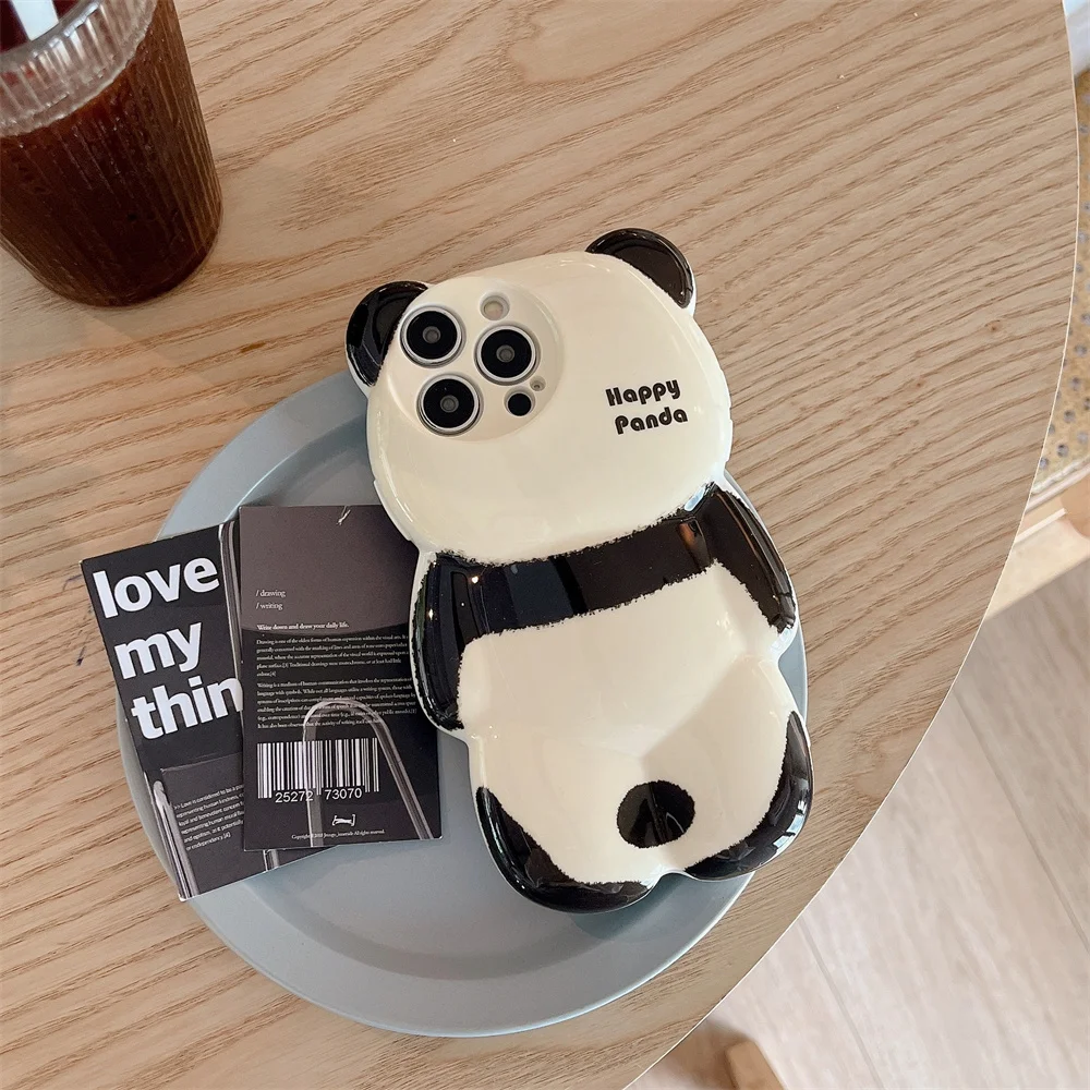 Cartoon 3D Panda Silicone Phone Case for iPhone 15 14 ProMax 11 12 13 Pro Max XR X Xs Max Lens Protection Plating Bumper Cover