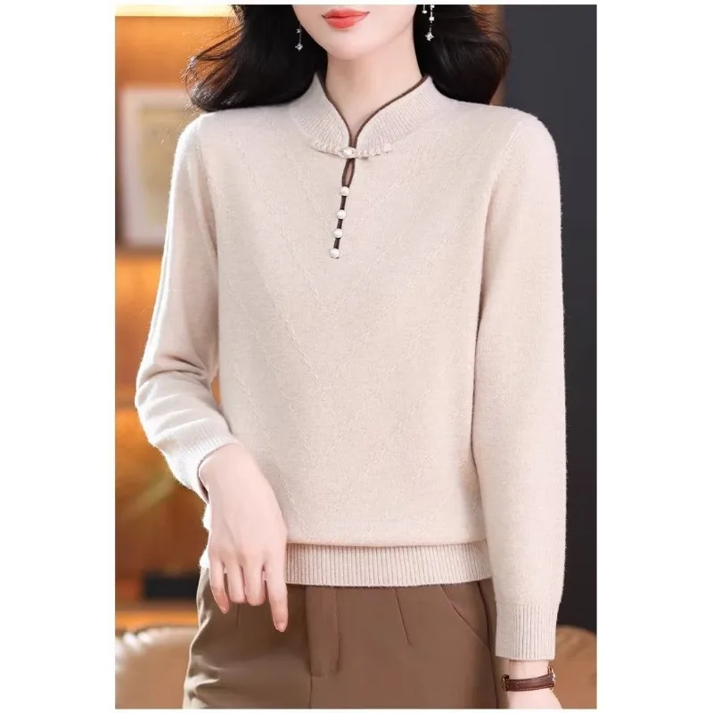 Chinese Style Middle Aged Women Green Qipao Collar Wool Knit Sweater Slim Warm Long Sleeve Undershirt Autumn Winter S 4XL view 5