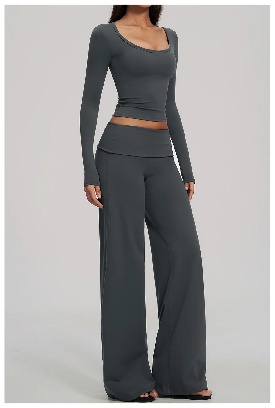 2-teiliges Yoga-Set für Damen, Langarm-Fitness-Oberteil, Trainingsanzug, Sportbekleidung, High-Waist-Hose mit geradem Bein, Fitness-Sportanzug – Detail 21