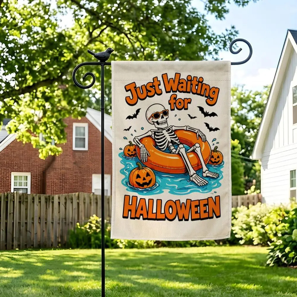 Just Waiting For Halloween Garden Flag, Spooky Skeleton Pumpkin Flag for Outside Pool Party, Double-Sided Fall Yard Sign for MMZ