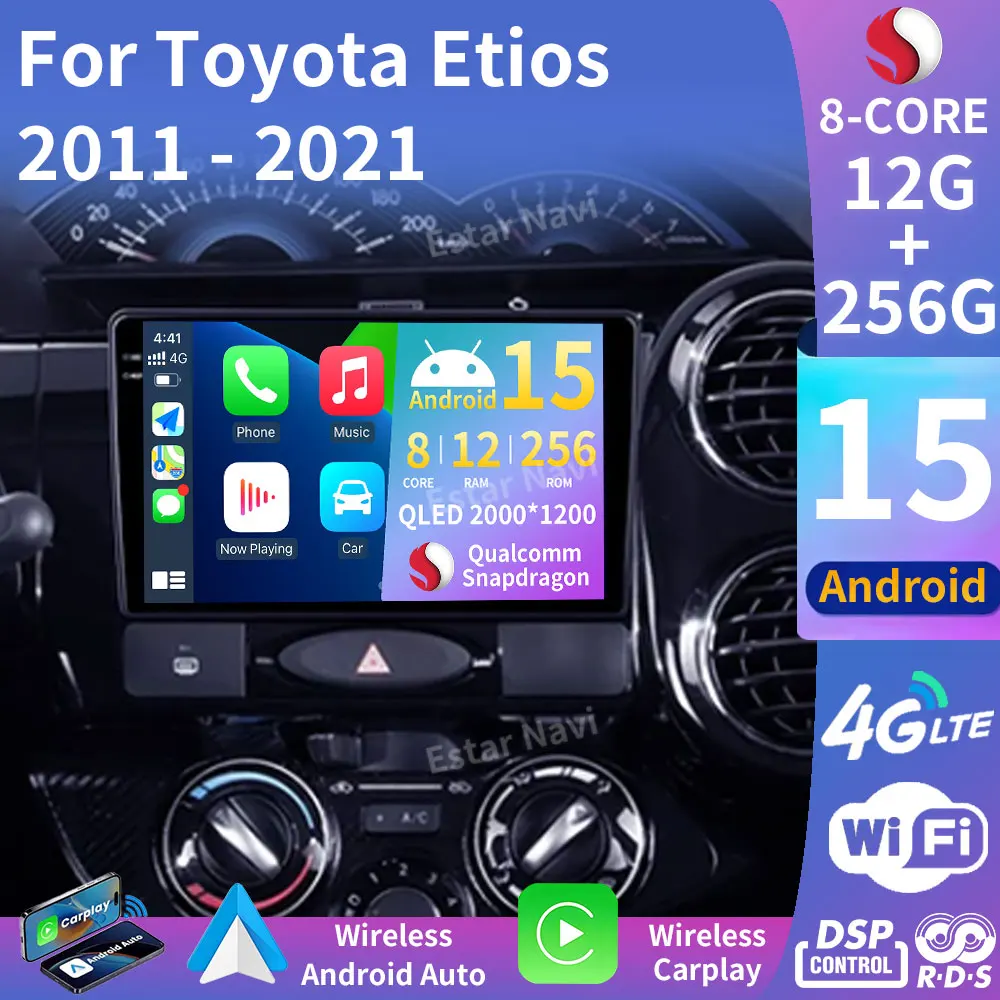 Android 15 Wireless Carplay For Toyota Etios 2011 - 2021 Audio Video 4G LTE 360 Camera 5G WIFI Stereo Car Radio Head Unit Player