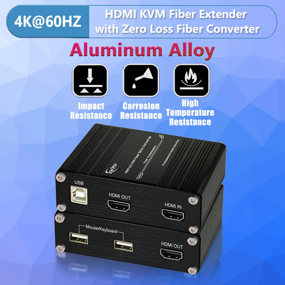 Ultra HD 4K@60Hz Dual-Monitor HDMI KVM Fiber Extender with Uncompressed HDMI 2.0 Video Transmission Over OM4 LC Multi-Mode Fiber