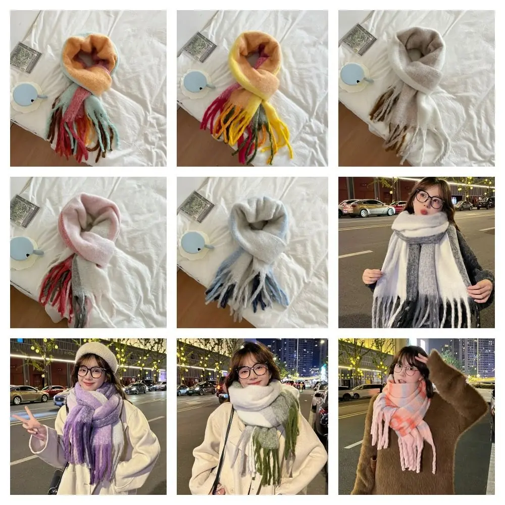 หรูหราสไตล์เกาหลี Rainbow CASHMERE Shawl Windproof สีสันถักผ้าพันคอลายหนาอบอุ่นยาวพู่ผ้าพันคอหญิง