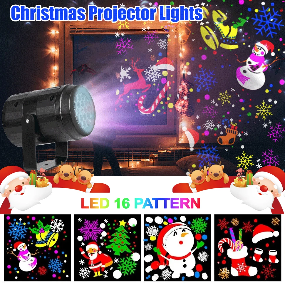 16 Patterns Christmas Projector USB LED Fairy Lights Santa Claus Snowflake Projection Lamp For New Year Party Indoor Home Decor