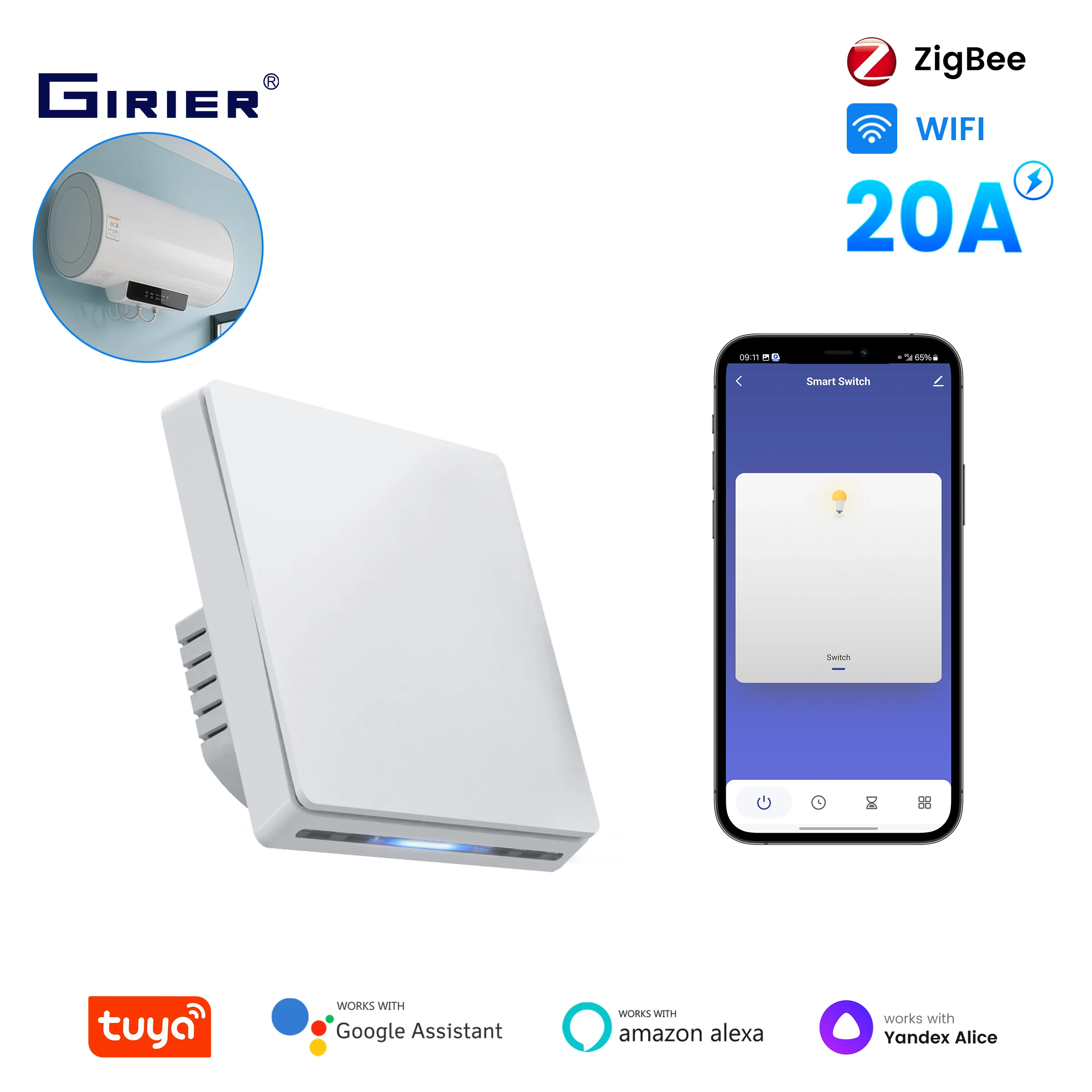 

GIRIER Smart ZigBee Water Heater Switch 20A EU WiFi Push Button Wall Switch for AC/Fan Support APP Timer Functions Works Alexa