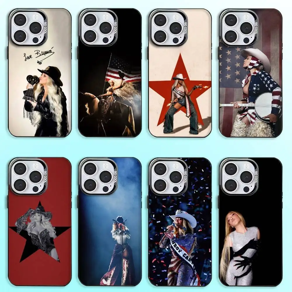 

B-Beyonce Cowboy Singer Phone Case For iPhone17,16,15,14,13,12,11 Plus,Pro Max Colored Silver Plated Inside Cover