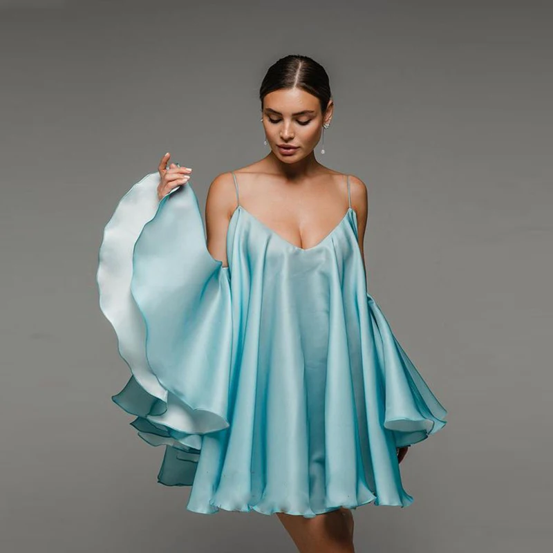 

Light Blue Short Prom Dresses With Spaghrtti Straps Sexy Backless Chiffon Evening Gowns Women Formal Party Dress Above Knee Robe