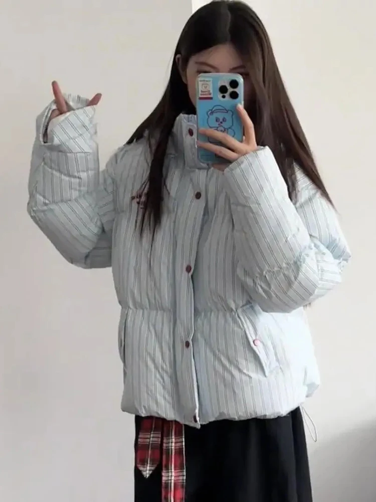 Vintage Striped Y2K Parkas Women Harajuku Streetwear Long Sleeve Winter Puffy Coat Warm American Letter Hip Hop Casual Jacket