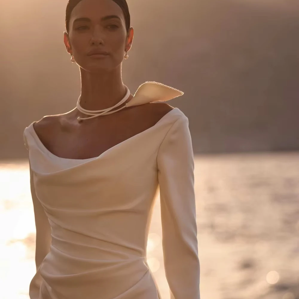 Robe de mariée plissée ivoire personnalisée, longueur au sol, modeste, manches longues, robes de plage élégantes de rêve