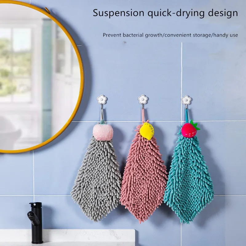 

1PC Chenille Hand Towels Kitchen Bathroom Hand Towel Ball with Hanging Loops Cartoon Fruit Absorbing Water Quick Dry Towels