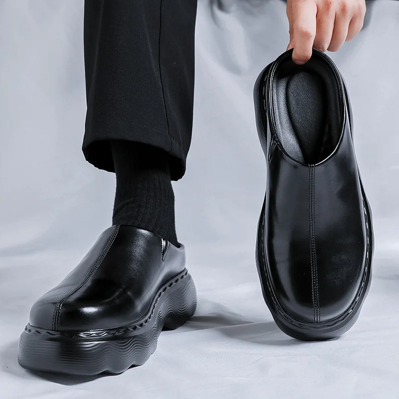 mens fashion half shoes slip-on platform shoe black stylish original leather summer loafers brand designer sneakers man footwear image 2