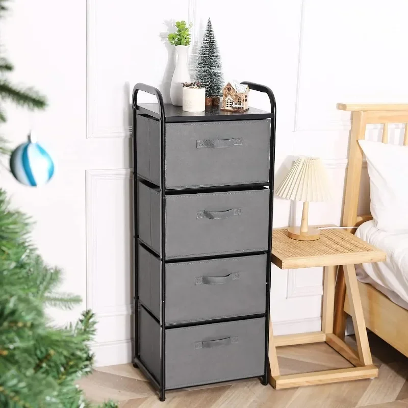 4 Drawer Fabric Dresser High Storage Tower, Wood-top Dresser, Vertical Bedside Table Side Storage Unit with Metal Frame Closet