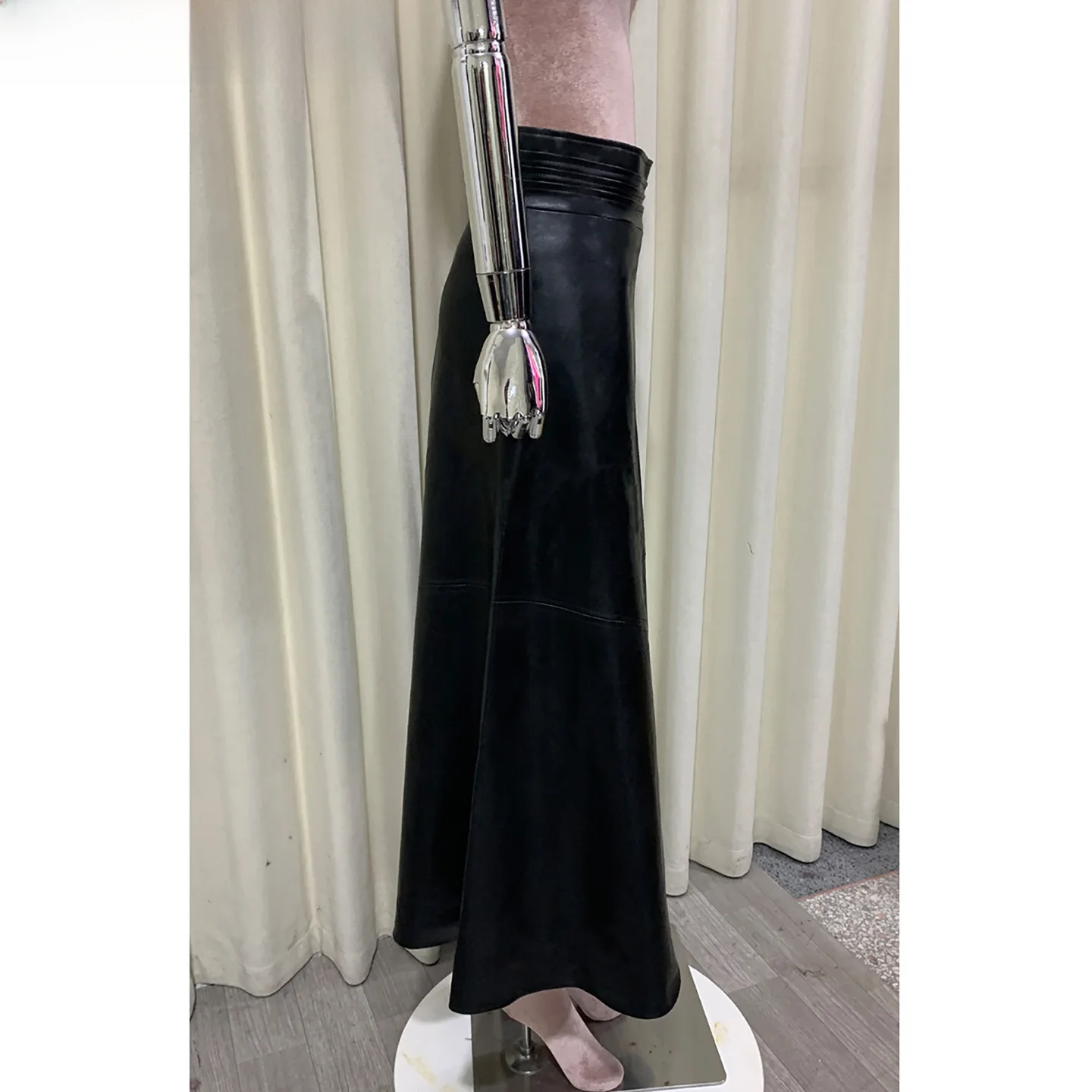 Nerazzurri High Waist Slim Fit Black PU Leather A-Line Skirt Midi Length for Taller Women Waist Cinching Asymmetrical Hem