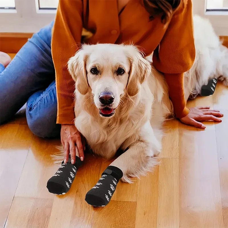 4pcs  Anti-Slip Dog Socks Adjustable Pet Non-Slip Paw Protection with Paw Pattern for Puppy Dog Indoor  Control Wear on Floor