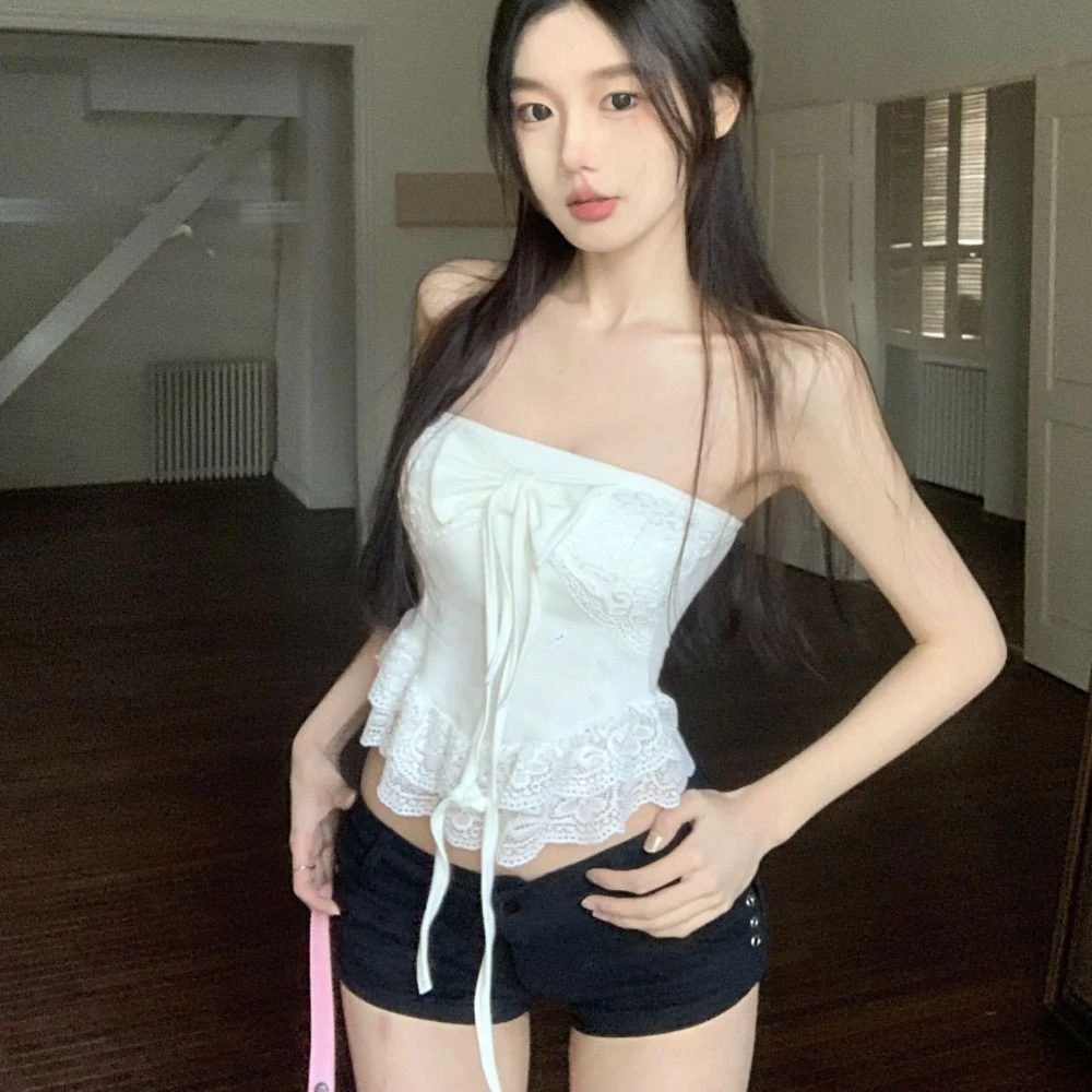 

Soft Chic Halter Vest Tops Off Shoulder Sweet Lace Hem Camisole Beauty Back Bowknot Sleeveless Crop Top Summer