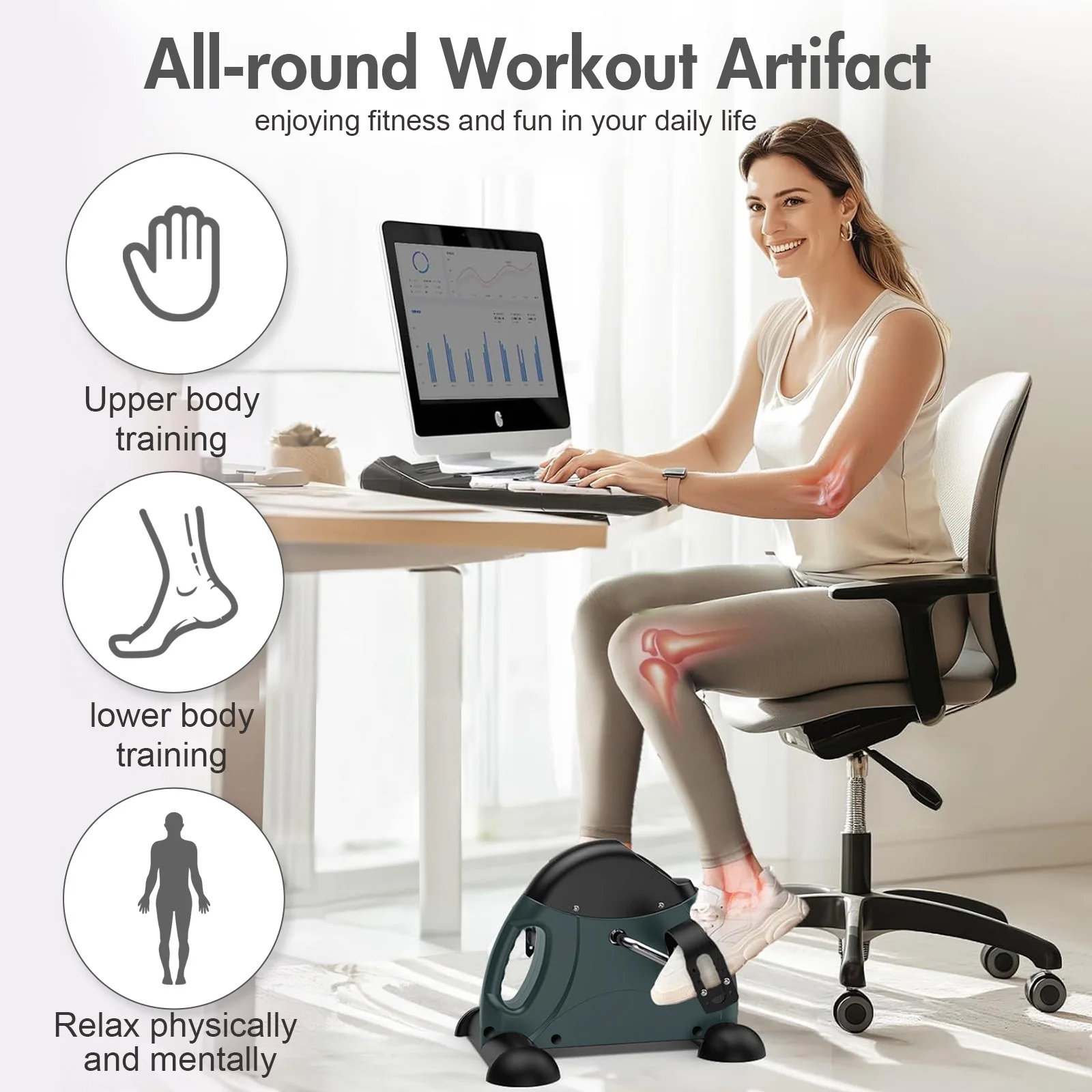 Mini Pedal Exercise Bike Under Desk Bicycle Trainer Fitness Cycling Portable LCD Display Arm Leg Fitness Equipment Home Office