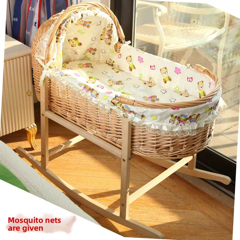 Rattan Baby Basket Summer Bed Newborn Portable Cradle Car Out Sleeping Basket Solid Wood