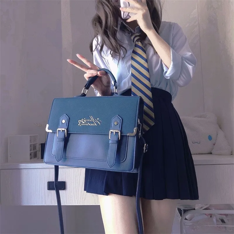 Japanese Lolita Style JK Uniform Shoulder School Bags For Women Girls Pu Leather Large Capacity Casual Luggage Handbags Totes